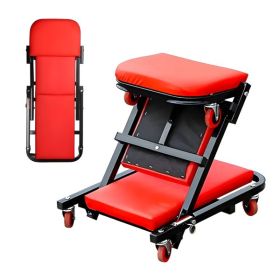 300 Pound Load-bearing, Z-shaped Crawling Seat, 36 Inch 2-in-1 Black Foldable Low Profile Garage Chair (Color: Red)